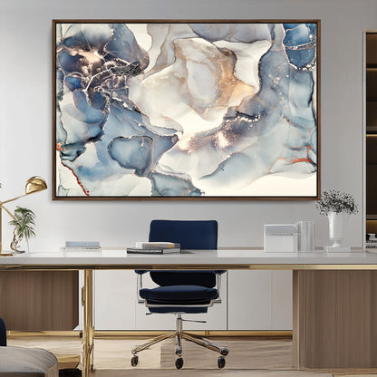 51497-MGV-CV-36X24-Abstract Blue and Gold Wall Art – Modern Fluid Ink Style Canvas Print, Elegant Contemporary Decor for Living Room, Office