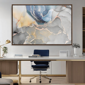 18176-MGV-CV-36X24-Abstract Fluid Wall Art – Modern Marble Ink Canvas Print with Blue, Gold, and Gray Tones, Contemporary Minimal Artwork Decor for