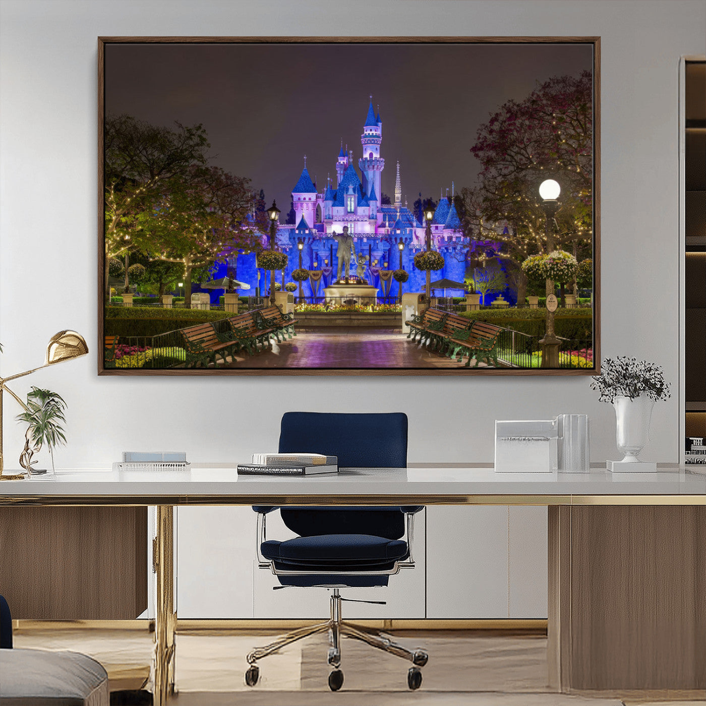 63560-MGV-CV-36X24-Fairy Tale Castle Wall Art – Magical Night Scene Canvas Print with Lights and Gardens, Fantasy Architecture Artwork for Living