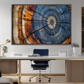 10583-MGV-CV-36X24-Tree Ring Wall Art – Abstract Wood Grain Canvas Print with Blue and Brown Tones, Nature Inspired Rustic Artwork for Living Room,