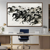 23069-MGV-CV-36X24-Galloping Horses Wall Art – Black Ink Painting on Canvas, Dynamic Equestrian Artwork with Running Stallions, Expressive Modern