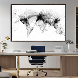 50136-MGV-CV-36X24-Abstract World Map Wall Art – Black Line Network Canvas Print, Modern Minimalist Global Connections Artwork for Office, Study, or