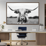20272-MGV-CV-36X24-Highland Cow Wall Art – Black and White Western Longhorn Canvas Print, Farmhouse Living Room Decor Southwestern Animal Artwork for