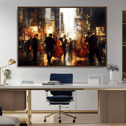 58782-MGV-CV-36X24-Jazz Musicians Cityscape Wall Art – Vibrant Urban Night Canvas Print, Elegant Music Themed Decor for Living Room, Office, or Music