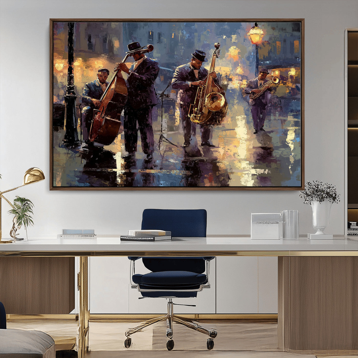 79232-MGV-CV-36X24-Jazz Night Street Musicians Wall Art – Vintage Oil Painting of a Live Jazz Band in Rainy City, Perfect Canvas Print Decor for