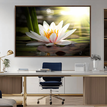 40478-MGV-CV-36X24-Water Lily Wall Art – White Lotus Flower Canvas Print with Sunlight Reflection, Serene Botanical Artwork for Living Room, Bedroom,