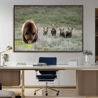 65087B-MGV-CV-36X24-Bear Family Wall Art – Wildlife Canvas Print Featuring Mother Bear with Cubs in Nature, Rustic Animal Artwork for Living Room,