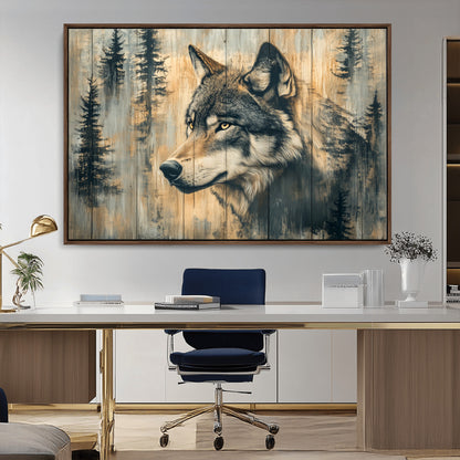 51892-MGV-CV-36X24-Wolf Wall Art – Rustic Canvas Print of Wolf with Forest Trees on Wood Texture, Wildlife Lodge Artwork for Living Room, Bedroom,