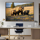 43400-MGV-CV-36X24-Bear Family Wall Art – Wildlife Canvas Print of Mother Bear with Cubs in Sunlit Meadow, Rustic Animal Artwork for Living Room,