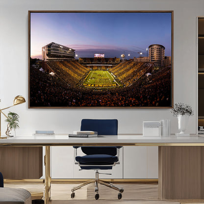 82557-MGV-CV-36X24-College Football Stadium Wall Art – Panoramic Sunset Canvas Print with Marching Band and Game Day Crowd, Sports Artwork for Man