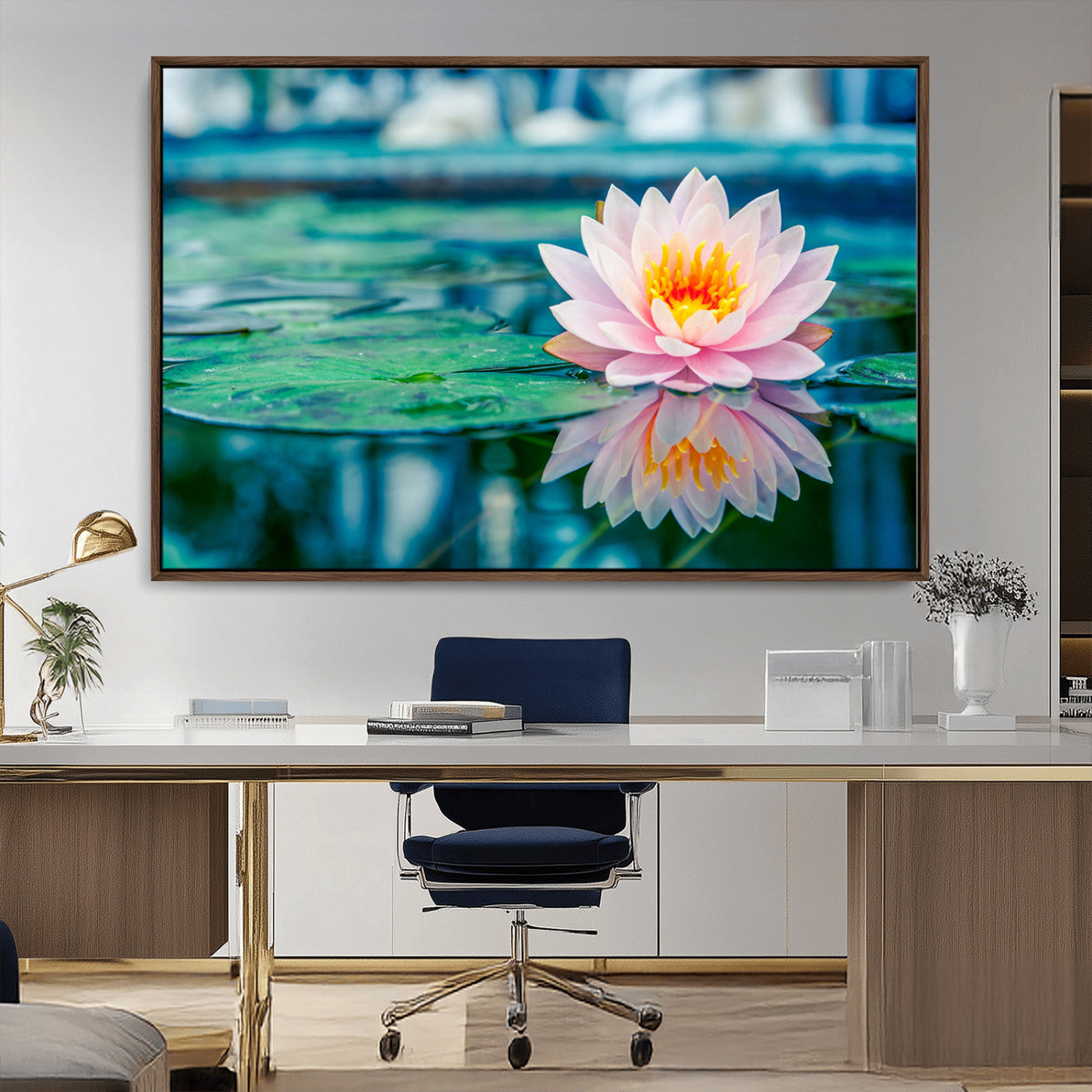 30320-MGV-CV-36X24-Pink Water Lily Wall Art – Lotus Flower Canvas Print with Reflection Water, Peaceful Botanical Artwork for Living Room, Bedroom,