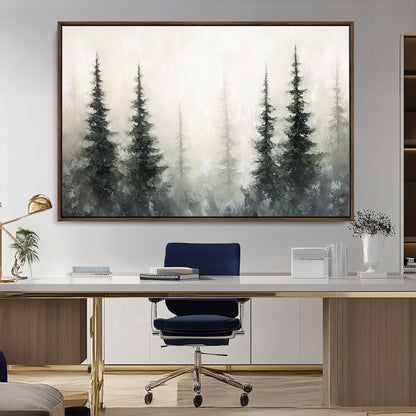 33241-MGV-FC-36X24_Walnut-Misty Forest Wall Art Canvas Print, Framed Foggy Pines Art Picture Print, Forest Haze Perfect Rustic Minimalist Decor Artwork