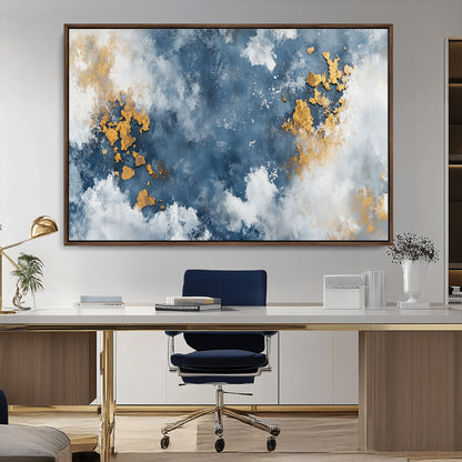 39575-MGV-CV-36X24-Blue and Gold Abstract Wall Art – Modern Canvas Print Featuring Cloudy Textures with Metallic Accents, Contemporary Artwork for