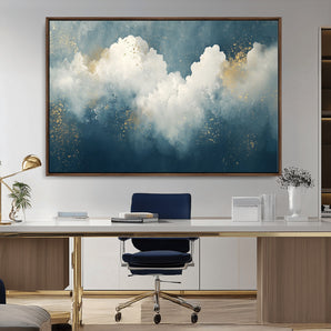 75131-MGV-CV-36X24-Abstract Cloud Wall Art – Modern Canvas Print Featuring Blue and White Clouds with Golden Accents, Contemporary Artwork for Living
