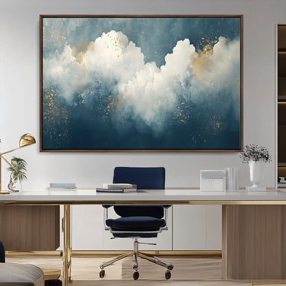 75131-MGV-CV-36X24-Abstract Cloud Wall Art – Modern Canvas Print Featuring Blue and White Clouds with Golden Accents, Contemporary Artwork for Living