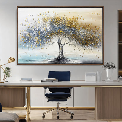 24771-MGV-CV-36X24-Silver Tree Wall Art Canvas Print, Framed Golden Leaves Art Picture Print, Metallic Tree Perfect Minimalist Luxury Decor Artwork