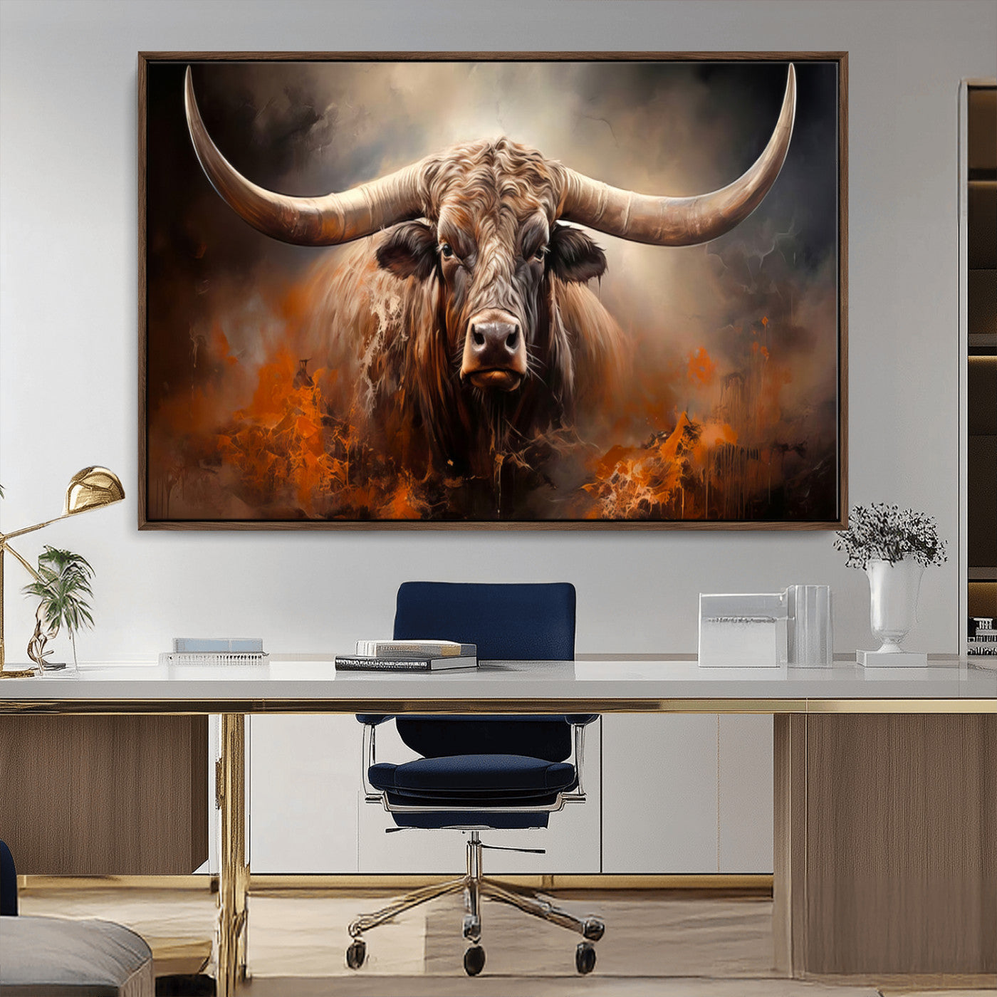 240479-MGV-CV-36X24-Longhorn Bull Wall Art – Dramatic Western Canvas Print Featuring Horned Bull with Fiery Background, Rustic Farmhouse Artwork for