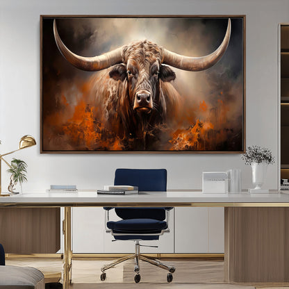 240479-MGV-CV-36X24-Longhorn Bull Wall Art – Dramatic Western Canvas Print Featuring Horned Bull with Fiery Background, Rustic Farmhouse Artwork for