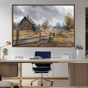 Farm1-MGV-CV-36X24-Rustic Autumn Farmhouse Wall Art – Serene Countryside Scene Canvas Print, Weathered Barn and Autumn Trees Decor for Living Room,