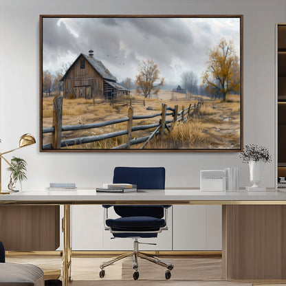 Farm1-MGV-CV-36X24-Rustic Autumn Farmhouse Wall Art – Serene Countryside Scene Canvas Print, Weathered Barn and Autumn Trees Decor for Living Room,