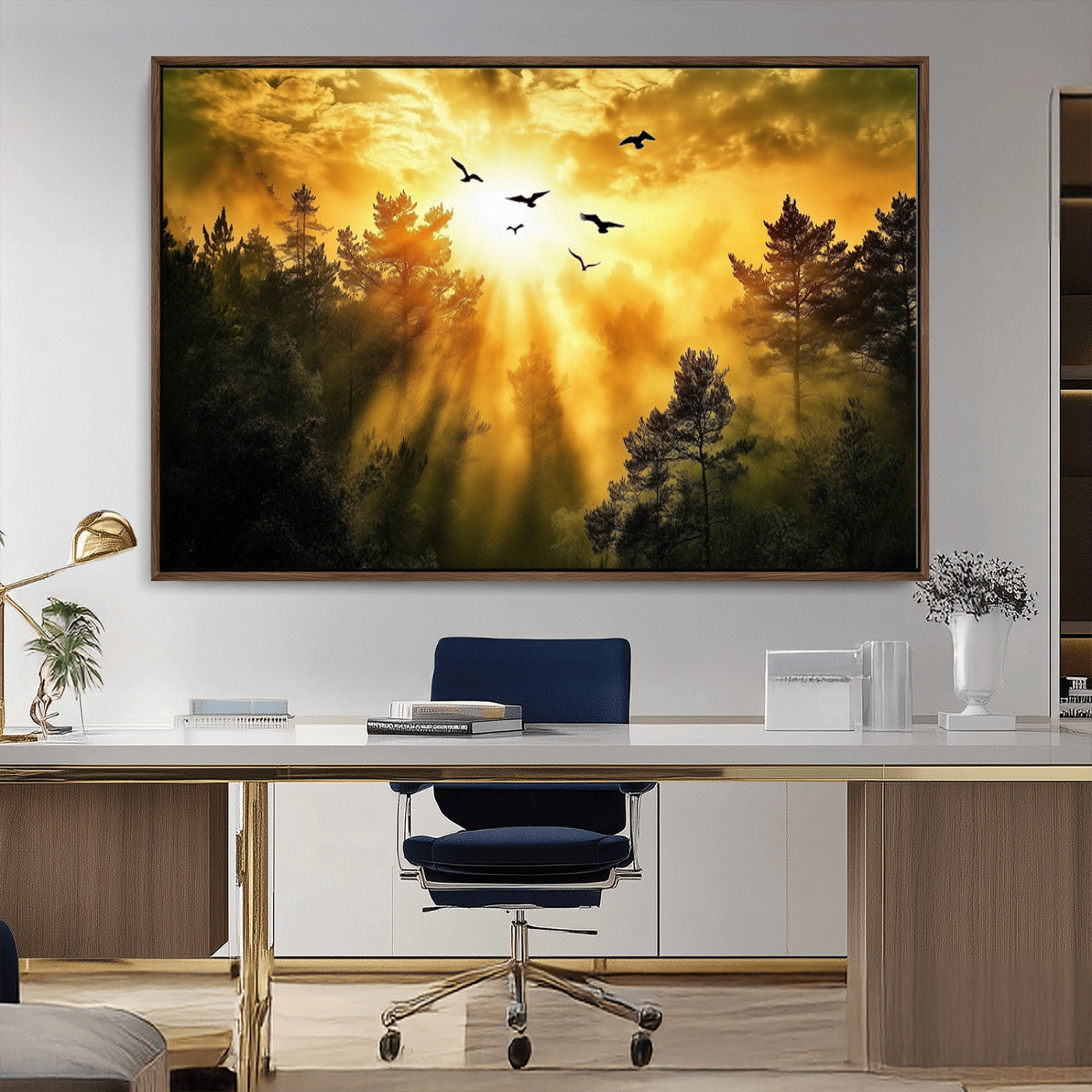 13776802-MGV-CV-36X24-Golden Forest Wall Art Canvas Print, Framed Sunset Pines Art Picture Print, Flying Birds Perfect Nature Glow Decor Artwork