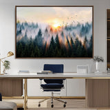 56391411-MGV-FC-36X24_Walnut-Misty Forest Wall Art Canvas Print, Framed Sunrise Pines Art Picture Print, Moody Pines Perfect Serene Woodland Decor Artwork