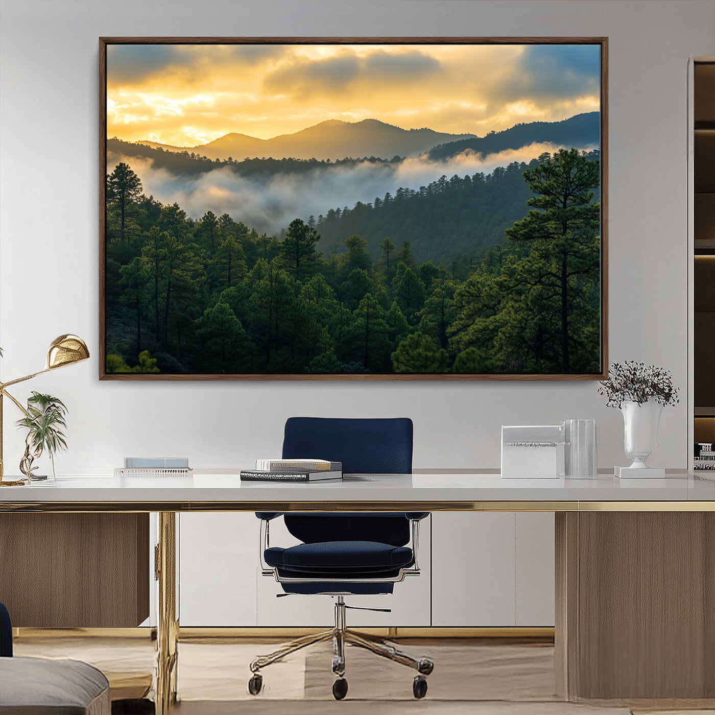 68082278-MGV-CV-36X24-Mountain Sunrise Wall Art Canvas Print, Framed Pine Forest Art Picture Print, Misty Mountains Perfect Earthy Woodland Decor