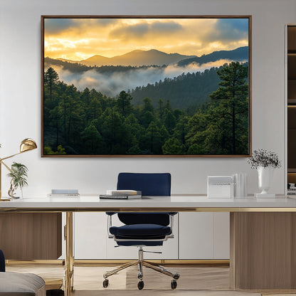 68082278-MGV-CV-36X24-Mountain Sunrise Wall Art Canvas Print, Framed Pine Forest Art Picture Print, Misty Mountains Perfect Earthy Woodland Decor