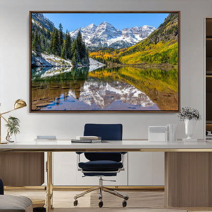 87724099-MGV-FC-36X24_Walnut-Maroon Bells Wall Art Canvas Print, Framed Snowy Mountains Art Picture Print, Pine Forest Perfect Vibrant Alpine Decor Artwork