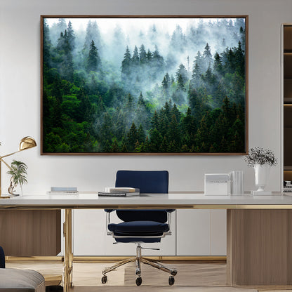 17393683-MGV-CV-36X24-Misty Forest Art Wall Art Canvas Print, Framed Foggy Mountain Art Art Picture Print, Scenic Wall Print Perfect Decor Artwork