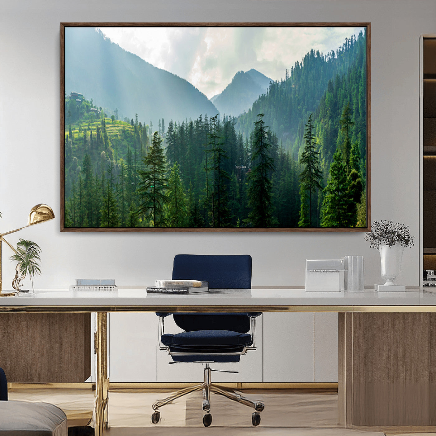 83417191-MGV-CV-36X24-Misty Mountain Forest Wall Art – Pine Tree Landscape Canvas Print, Nature Photography Panorama, Tranquil Green Forest Décor for