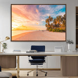 41542880-MGV-CV-36X24-Tropical Beach Wall Art Canvas Print, Framed Palm Trees Art Picture Print, Sunset Shore Perfect Tropical Coastal Decor Artwork