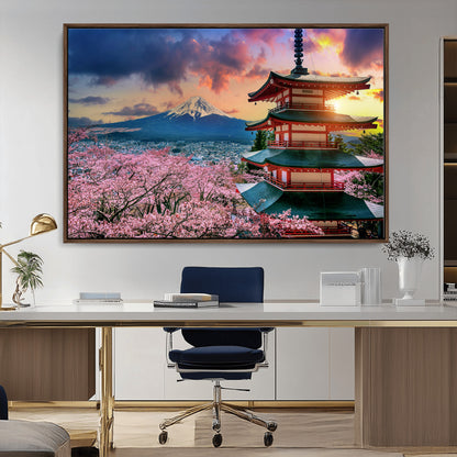 32331262-MGV-CV-36X24-Mount Fuji Japan Wall Art – Cherry Blossom Landscape Canvas Print, Chureito Pagoda Sunset Photography, Japanese Nature Travel