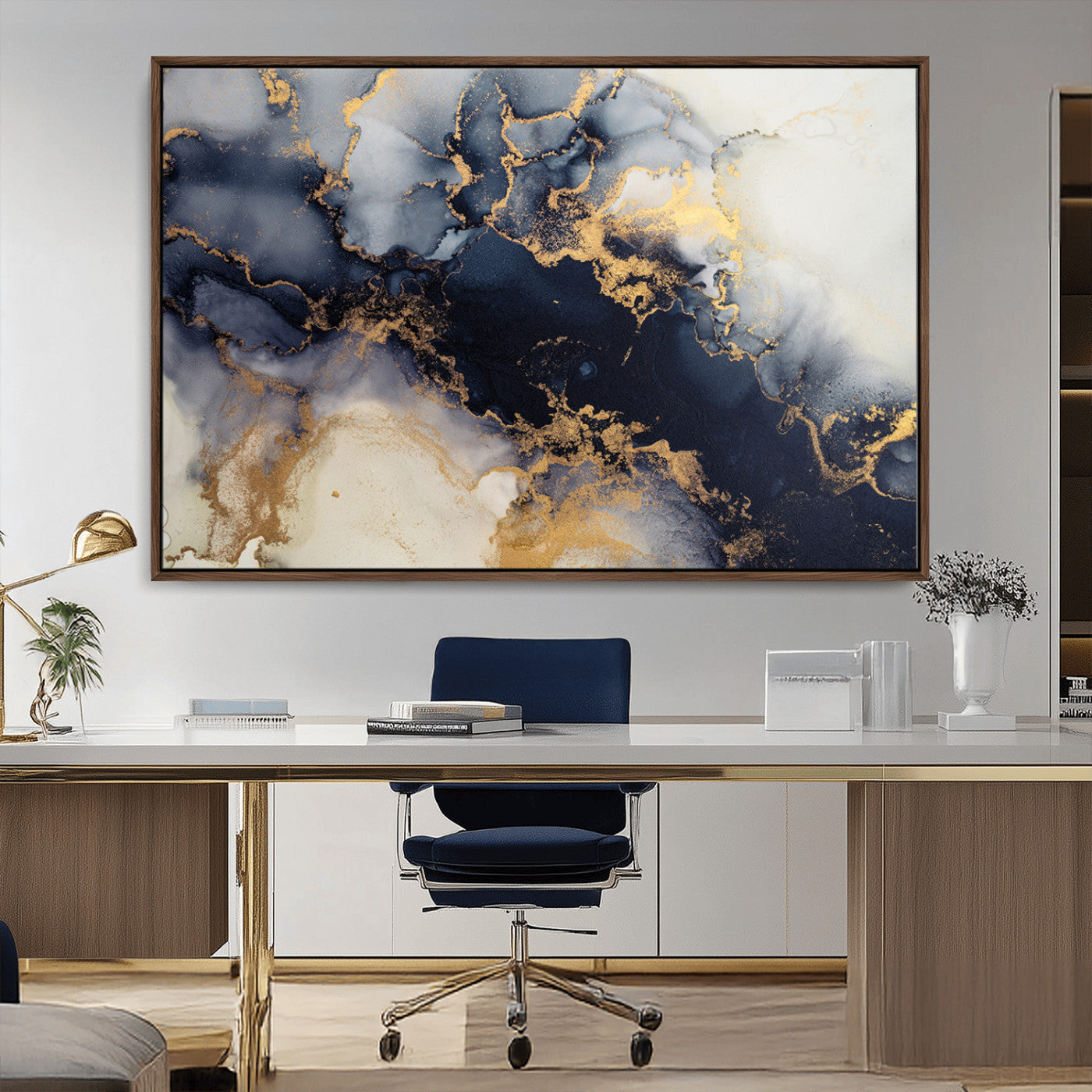 41136487-MGV-CV-36X24-Black Marble Wall Art Canvas Print, Framed Gold Veins Art Picture Print, Abstract Texture Perfect Moody Luxe Decor Artwork