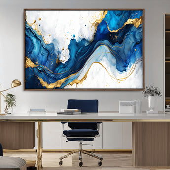 33506371-MGV-CV-36X24-Blue Marble Wall Art Canvas Print, Framed Gold Splash Art Picture Print, Abstract Wave Perfect Modern Luxe Decor Artwork