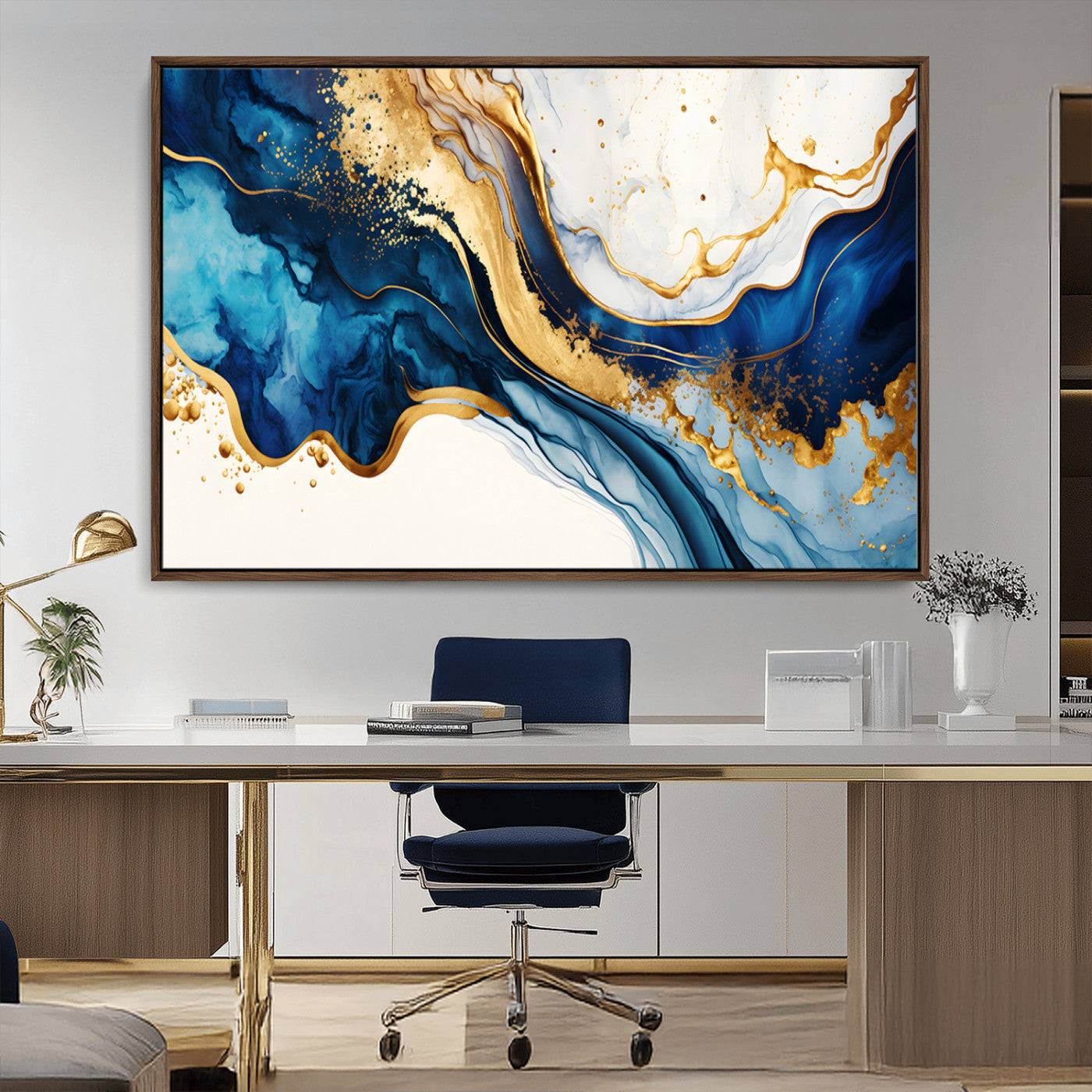 60283636-MGV-CV-36X24-Blue Gold Flow Wall Art Canvas Print, Framed Marble Texture Art Picture Print, Elegant Splash Perfect Elegant Abstract Decor