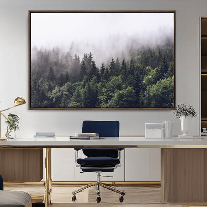 62890402-MGV-CV-36X24-Misty Forest Wall Art Canvas Print, Framed Foggy Pines Art Picture Print, Pine Valley Perfect Moody Woodland Decor Artwork