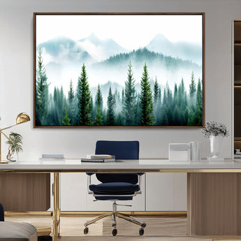 16716676-MGV-CV-36X24-Pine Forest Wall Art Canvas Print, Framed Misty Mountains Art Picture Print, Foggy Trees Perfect Moody Forest Decor Artwork