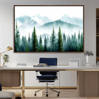 16716676-MGV-CV-36X24-Pine Forest Wall Art Canvas Print, Framed Misty Mountains Art Picture Print, Foggy Trees Perfect Moody Forest Decor Artwork