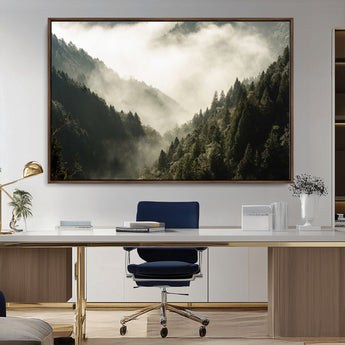 57570237-MGV-CV-36X24-Misty Valley Wall Art Canvas Print, Framed Foggy Forest Art Picture Print, Pine Trees Perfect Moody Woodland Decor Artwork