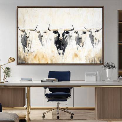 40397799-MGV-CV-36X24-Texas Longhorn Wall Art Canvas Print, Framed Rustic Herd Art Picture Print, Western Bull Perfect Neutral Western Decor Artwork