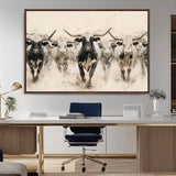 61538944-MGV-CV-36X24-Texas Longhorn Wall Art Canvas Print, Framed Cattles Walking Art Picture Print, Black White Bulls Perfect Rustic Western Decor