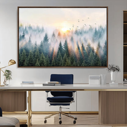 92718976-MGV-CV-36X24-Misty Forest Wall Art Canvas Print, Framed Sunrise Pines Art Picture Print, Foggy Woodland Perfect Moody Woodland Decor Artwork
