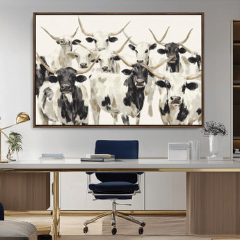 52947970-MGV-CV-36X24-Texas Longhorn Wall Art Canvas Print, Framed Cattle Herd Art Picture Print, Herd Portrait Perfect Modern Farmhouse Decor Artwork