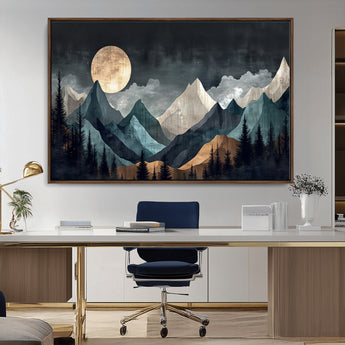 11060882-MGV-CV-36X24-Moonlit Mountains Wall Art Canvas Print, Framed Forest Silhouette Art Picture Print, Night Landscape Perfect Modern Forest Decor