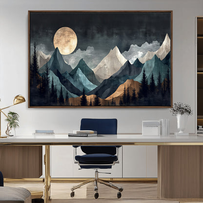 11060882-MGV-CV-36X24-Moonlit Mountains Wall Art Canvas Print, Framed Forest Silhouette Art Picture Print, Night Landscape Perfect Modern Forest Decor