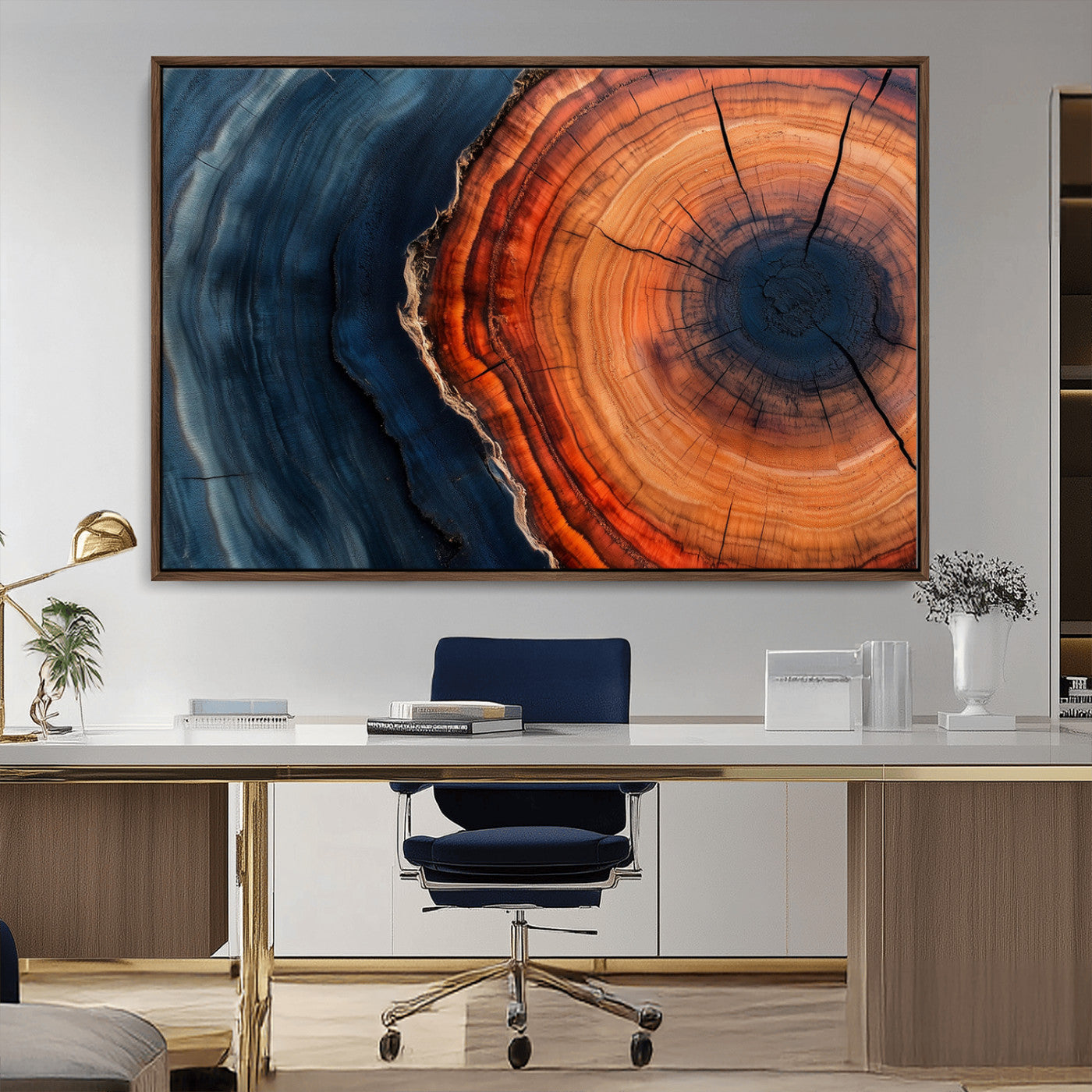 57732250-MGV-CV-36X24-Tree Ring Abstract Wall Art – Blue Orange Wood Grain Canvas Print, Modern Rustic Nature Artwork for Living Room, Office,