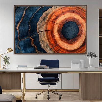 41123192-MGV-CV-36X24-Tree Ring Canvas Wall Art – Abstract Blue Orange Wood Grain Print, Rustic Modern Nature Artwork for Living Room, Bedroom, Office