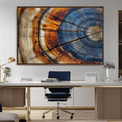 18032999-MGV-CV-36X24-Tree Ring Wall Art – Blue Brown Abstract Wood Slice Canvas Print, Rustic Modern Nature Decor for Living Room, Office, Bedroom or