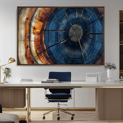 60099360-MGV-CV-36X24-Blue Tree Ring Wall Art – Rustic Wood Grain Canvas Print, Modern Abstract Artwork with Natural Texture for Living Room, Bedroom,